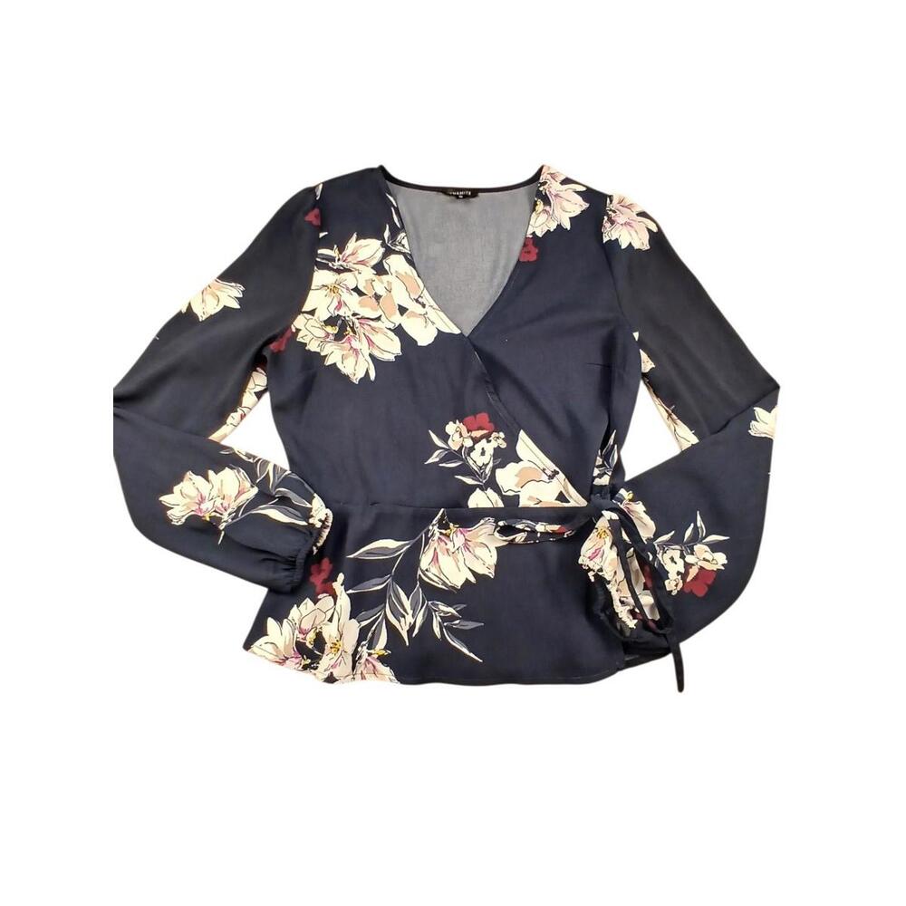 Dynamite Blouse Small Navy Floral Faux-Wrap Style Peplum Long puff sleeve V-neck